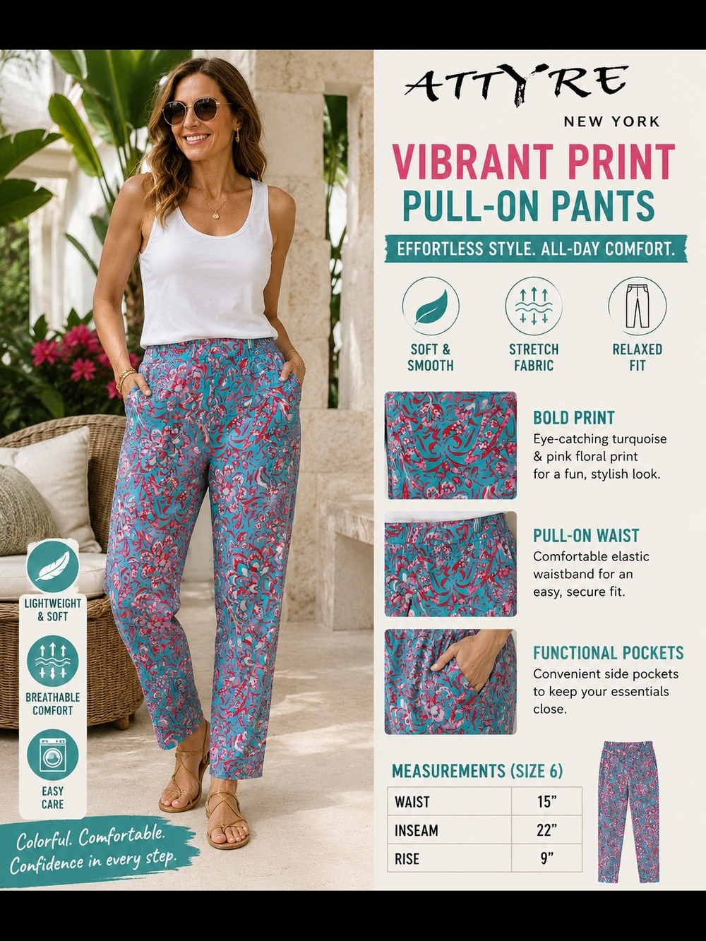 Attyre Turquoise & Pink Floral Pull-On Straight Leg Pants
